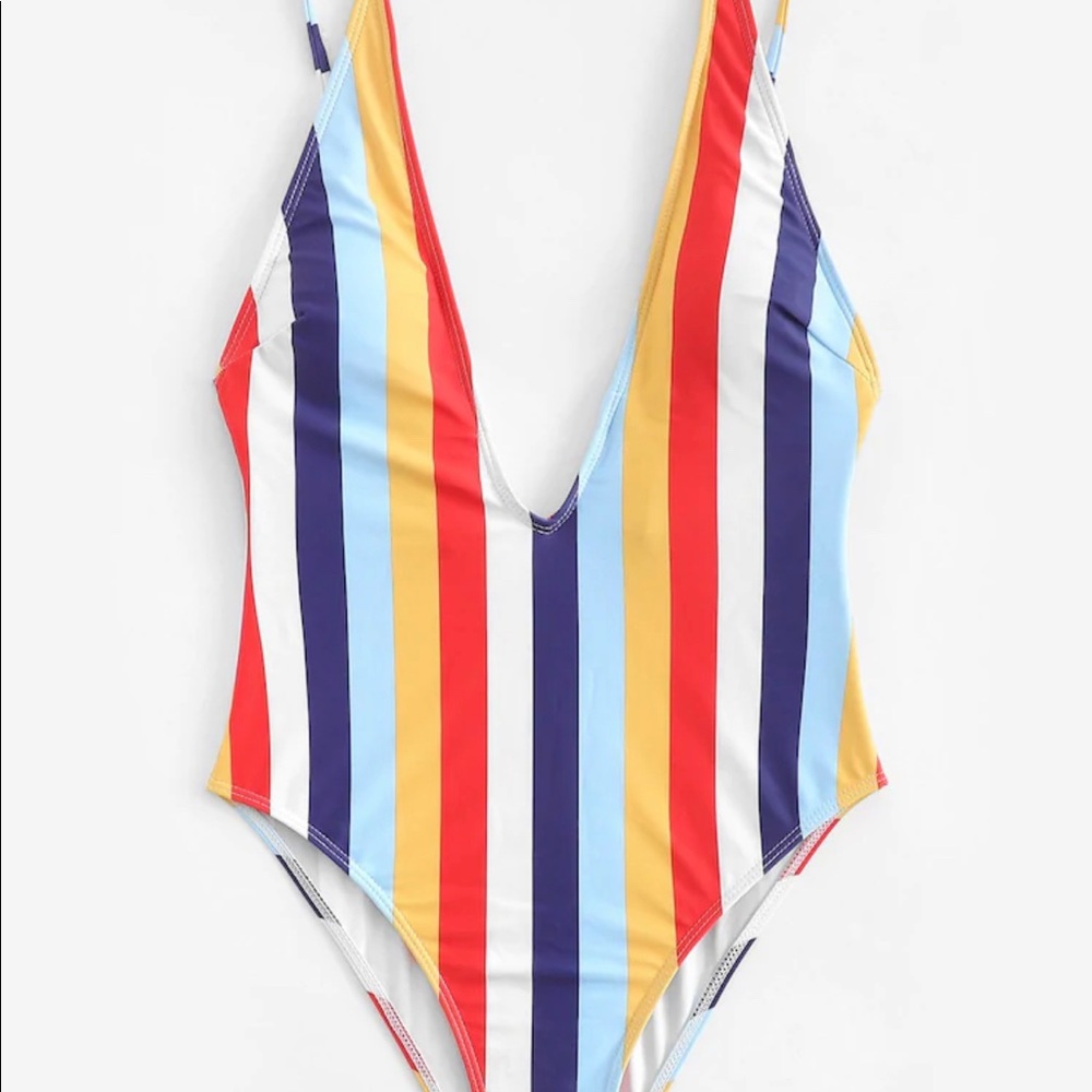 Plunging Striped One Piece Swimsuit